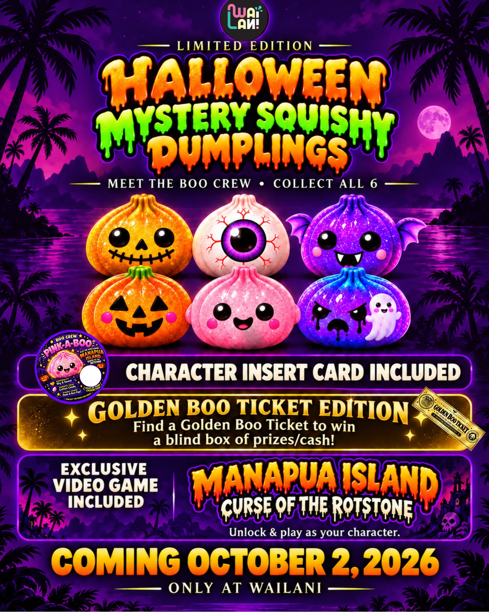 The six sparkling Boo Crew dumpling characters beneath the Halloween Mystery Squishy Dumplings title