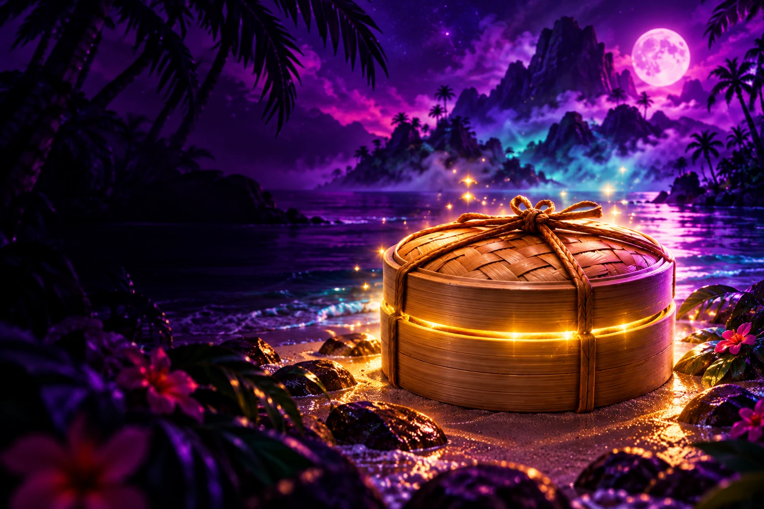 A mysterious closed bamboo steamer glowing on a moonlit tropical beach